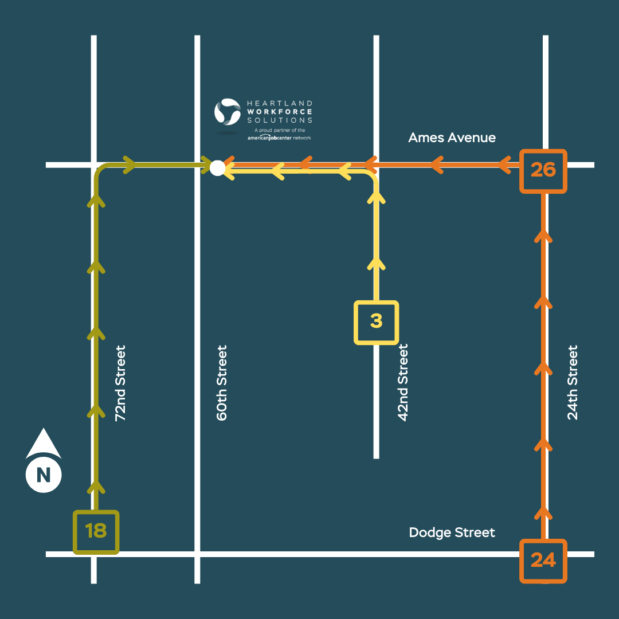 Image depicting bus routes to the Ames location. Full description to the right of this image.