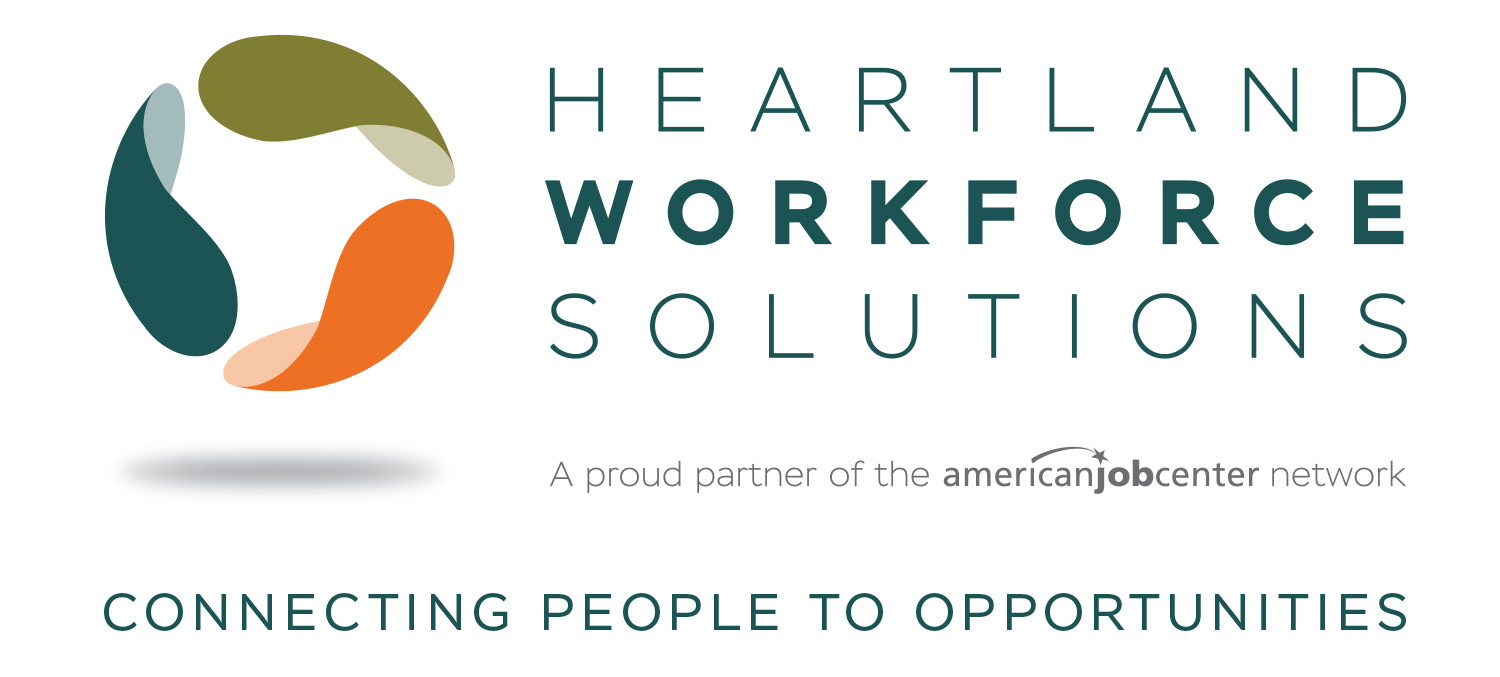 Heartland Workforce Solutions Logo - Icon contains a three-part circular symbol with teal, green, and orange parts. "A proud partner of the American Job Center Network. Connecting people to opportunities."