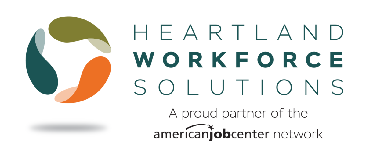 Heartland Workforce Solutions Logo - Icon contains a three-part circular symbol with teal, green, and orange parts. "A proud partner of the American Job Center Network."