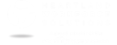 Heartland Workforce Solutions Logo - Icon contains a three-part circular symbol. "A proud partner of the American Job Center Network."